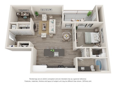 Floor plan for 1 bed, 1 bath, 1017 sqft